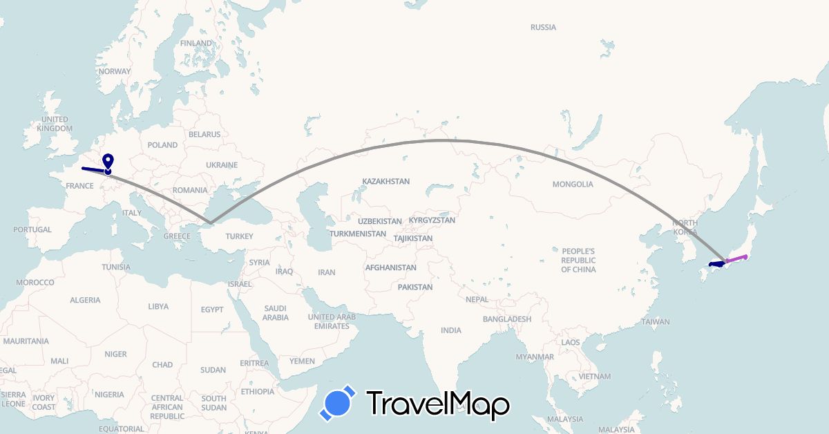 TravelMap itinerary: driving, plane, train in France, Japan, Turkey (Asia, Europe)
